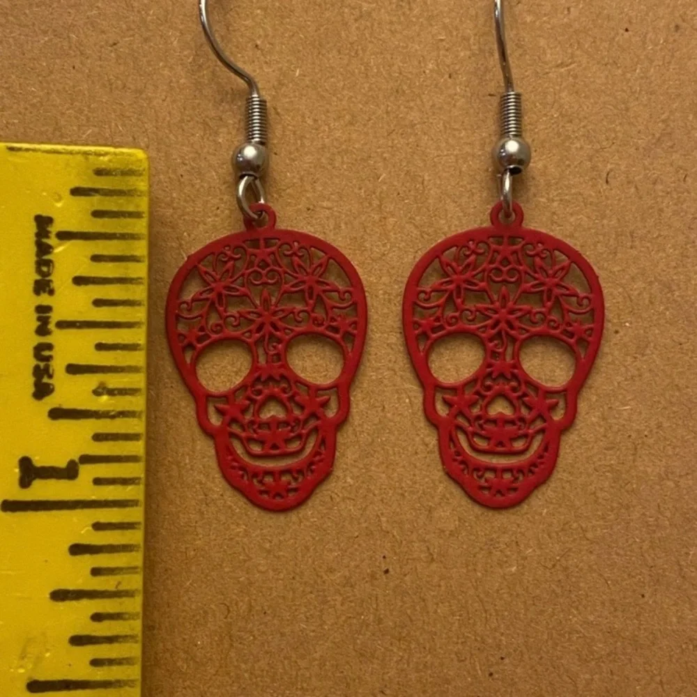 Red Sugar Skull Dangle Earrings